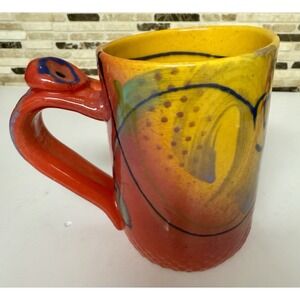 Signed KL Studio Art Pottery Mug Abstract Red Yellow Handmade Coffee Cup